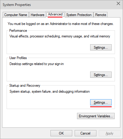 Startup and Recovery settings